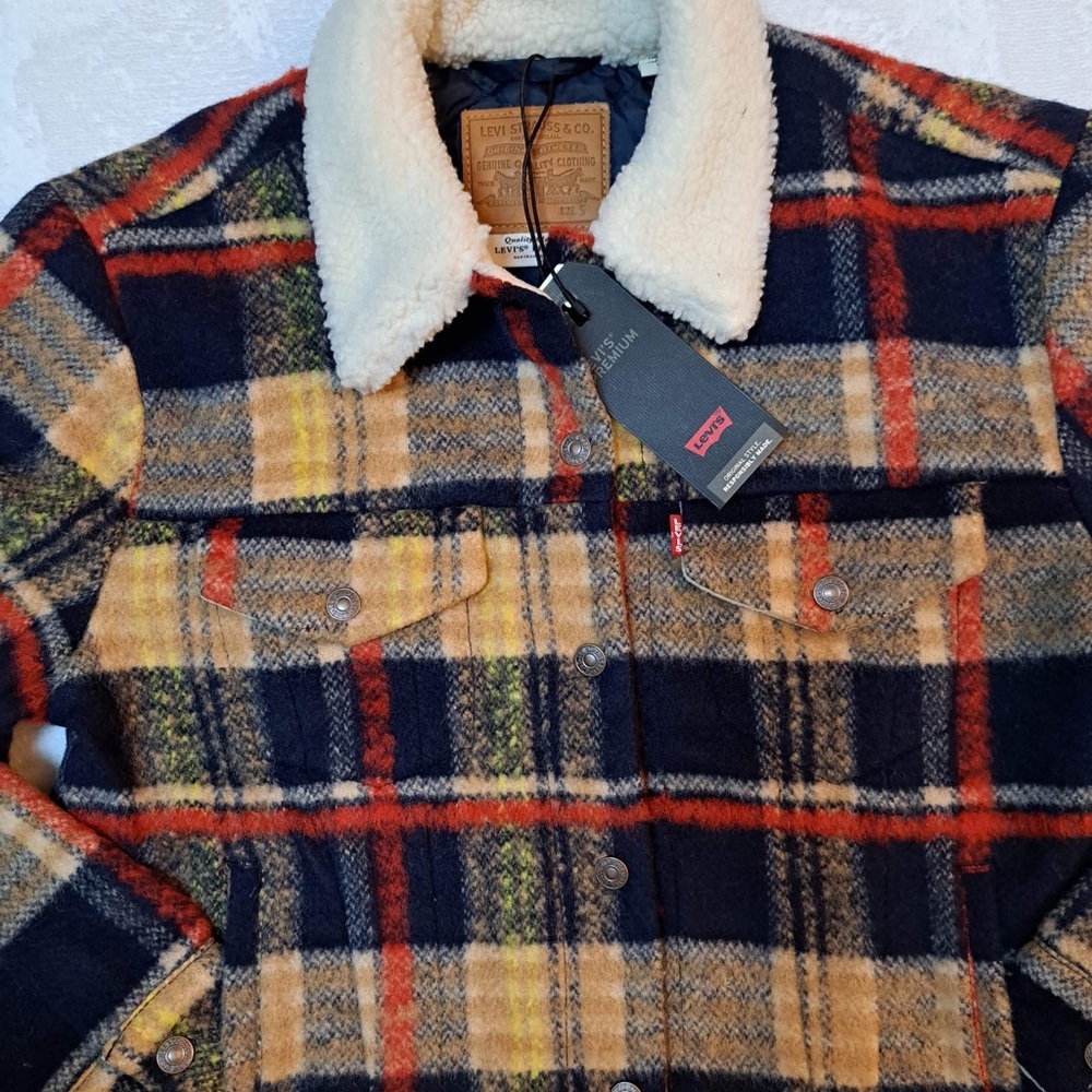 Levi's Plaid Sherpa Collar Jacket in Navy, Tan & Red - Picture 5 of 12